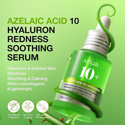 Anua Azelaic Acid 10 Hyaluron Redness Soothing Serum, Facial Serum for Blemish-Prone & Oily-Prone Skin, Lightweight & Hydrating Blemish Care, Hyaluronic Acid, Korean Skincare, 1.01 fl oz.