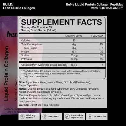 BeMe Liquid Collagen Peptides - Easy Protein Shots for Lean Muscle Support and Workout Recovery. 15g Whey Free Formula with 16.7g Hydrolyzed Collagen for Gym Performance. 15 Sachets, Apple Flavor