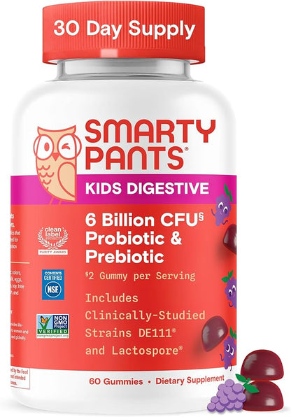 SmartyPants Kids Probiotic & Prebiotic Gummies for Digestive Health: Gut Health Supplement, Clinically Studied Prebiotic for Immune Support, Grape, 60 Count (30 Day Supply)