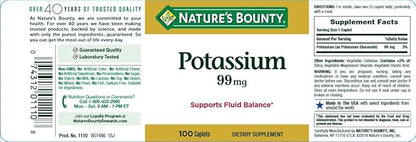 Nature's Bounty Potassium 99mg, Supports Fluid Balance and Muscle Activity, Involved in Normal Heart Function, Potassium Gluconate Dietary Supplement, 1 Per Day, 100 Vegetarian Caplets (Pack of 3)