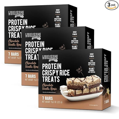 Protein Crispy Rice Treats, 15g Protein, 3g-7g Net Carbs, Low Carb, Fluffy, Soft, Chewy, Gluten Free, High Fiber, Keto-Friendly, No Aftertaste (Chocolate Vanilla Remix, 3 Pack)