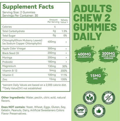 Chlorophyll Gummies for Body Odor Deodorant*, Sugar Free Chewable Chlorophyll for Immune Support Women Vegan, 60 Count (Lemon)