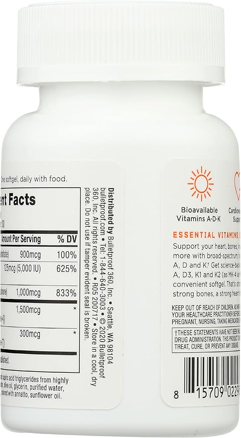 Bulletproof Vitamins A-D-K Softgels, 30 Count, Supplement for Heart, Bone Health and Immune Support