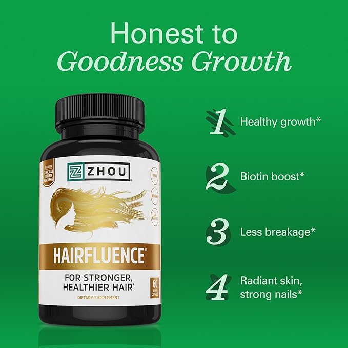 Zhou Hairfluence - Vegan Biotin Supplement for Hair Growth for Men & Women, Supports Stronger, Healthier Hair, Nails, & Glowing Skin with Lustriva & B Vitamin Complex - 60 Veggie Capsules (Pack of 1)