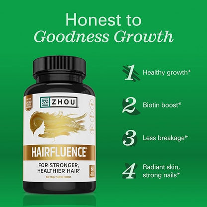 Zhou Hairfluence - Vegan Biotin Supplement for Hair Growth for Men & Women, Supports Stronger, Healthier Hair, Nails, & Glowing Skin with Lustriva & B Vitamin Complex - 60 Veggie Capsules (Pack of 1)