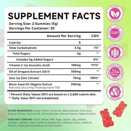 Oil of Oregano with Black Seed Oil, 2-in-1 Black Seed Oil Supplement for Women & Men Support Antioxidant Health, Sugar Free & Vegan Raspberry Herbal Gummies, 120 Count