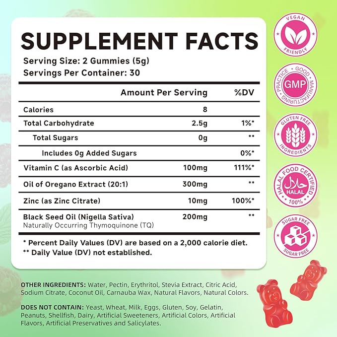 Oil of Oregano with Black Seed Oil, 2-in-1 Black Seed Oil Supplement for Women & Men Support Antioxidant Health, Sugar Free & Vegan Raspberry Herbal Gummies, 60 Count