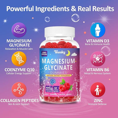 Magnesium Glycinate Gummies 400mg - Sugar Free Vegan Gummies for Adults & Kids with Vitamin D3, B6, C, CoQ10, Collagen, Zinc - Sleep, Muscle, Bone & Memory Support - 60 Raspberry Chewables / 2 Pack