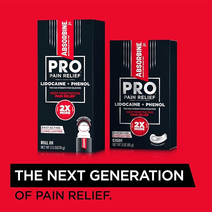 Absorbine Jr. PRO Maximum Strength Lidocaine Roll-On for Targeted Nerve and Muscle Pain Relief, 4% Lidocaine + 1.5% Phenol, Fast Acting & Long Lasting, 2.5 oz