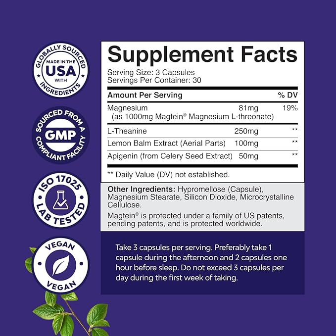High Absorption Magnesium Sleep Supplement - Rest Support Magtein Magnesium L-Threonate and Apigenin Theanine for Sleep and Rest for Women & Men - Mg L-Threonate Melatonin Free Sleeping Aid - 90 Ct