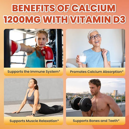 Calcium Citrate Gummies - 1200mg Calcium Gummies Supplements for Women & Men with Vitamin D3, K2, Magnesium, Zinc High Absorption for Bone, Muscle & Immune Support, Peach & Mango Flavor, 120 Count