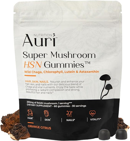 Auri Nutrition Super Mushroom HSN Gummies - Hair Skin and Nails Gummies Functional Mushrooms Supplement - with Wild Chaga, Chlorophyll, Lutein and Astaxanthin - 60 Orange Citrus Gummies