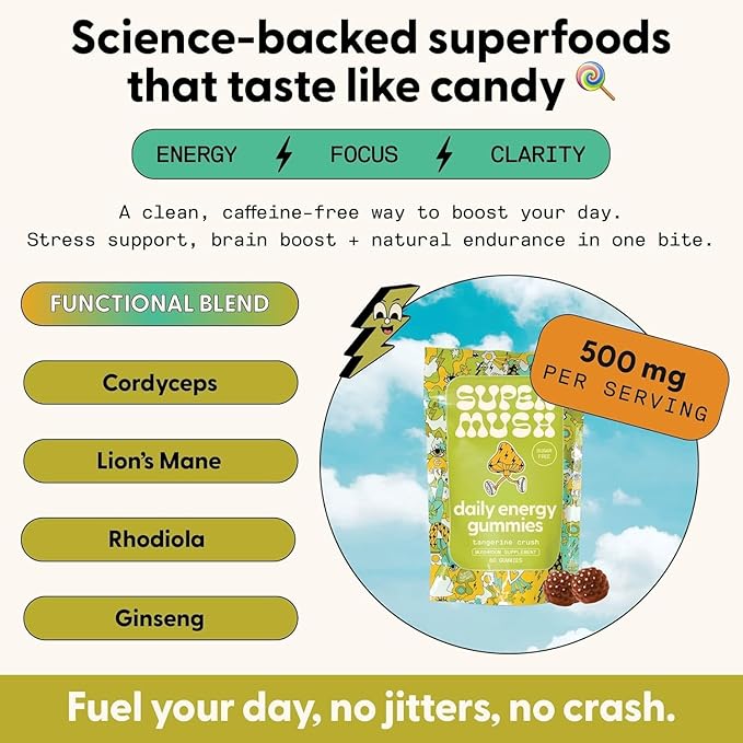 SuperMush Energy Mushroom Gummies - Organic Lions Mane Supplement with Cordyceps, Rhodiola, L-Theanine, Maca - Vegan & Sugar-Free - Energy, Focus, Stamina, Stress Reduction - 28 Gummies (14 Servings)