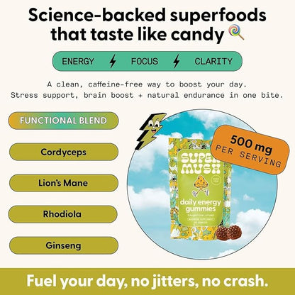 SuperMush Energy Mushroom Gummies - Organic Lions Mane Supplement with Cordyceps, Rhodiola, L-Theanine, Maca - Vegan & Sugar-Free - Energy, Focus, Stamina, Stress Reduction - 28 Gummies (14 Servings)