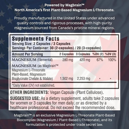 Kappa Nutrition Powered by Magbrain™ Magnesium L-Threonate Plant-Based, 60 Vegan Capsules, 420mg Elemental Magnesium (3 Capsules) from 2,253mg, Brain, Sleep & Muscle Support.