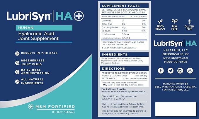 Lubrisyn Hyaluronic Acid Oral Joint Supplement with MSM – Liquid HA Formula for Humans – Promotes Joint Support, Mobility, Flexibility, Hydration & Healthy Function for Men & Women – 3 x 11.5oz