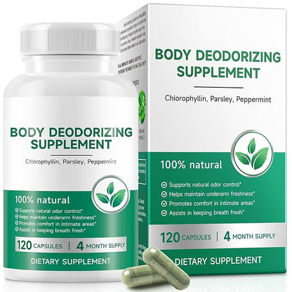 Chlorophyll Capsules Internal Deodorant Supplement, Natural Body Odor Control for Whole Body Freshness, Chlorophyll with Parsley & Mint for Breath, Gut & Digestive Support, Vegan, 120 Capsules