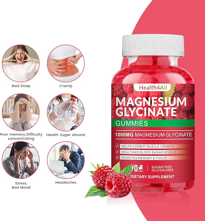 Magnesium Glycinate Gummies 1000mg, High Absorption Sugar Free Magnesium Potassium Supplement for Relaxation, Stress Relief, and Sleep Support for Adults & Kids - 180 Raspberry Gummies
