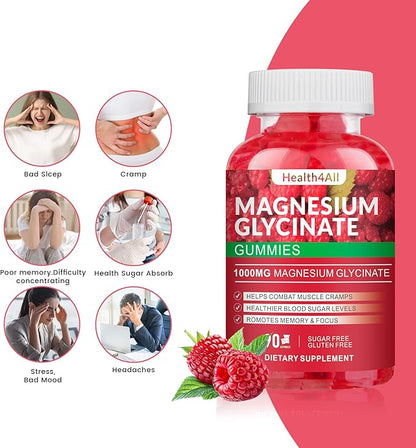 Magnesium Glycinate Gummies 1000mg, High Absorption Sugar Free Magnesium Potassium Supplement for Relaxation, Stress Relief, and Sleep Support for Adults & Kids - 90 Raspberry Gummies