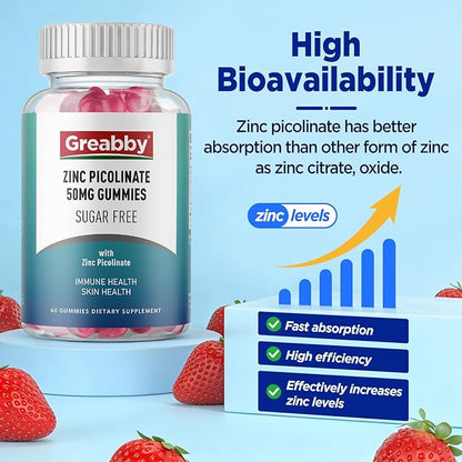 Zinc Gummies - Zinc Picolinate 50mg, Sugar Free, Highly Absorbable Zinc Picolinate Supplement for Kids & Adults, Support Growth, Immune Function, Skin Health, 60 Gummies