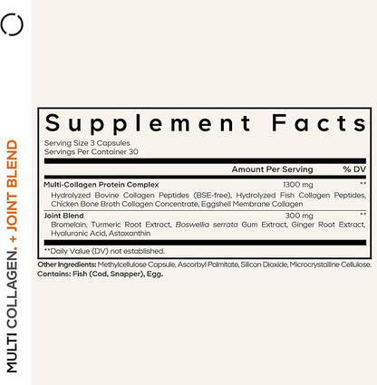 Codeage Multi Collagen Protein + Joint Blend Supplement, Hyaluronic Acid, Bromelain, Turmeric, Ginger, Boswellia, Astaxanthin - Hydrolyzed Bovine Collagen - 5 Collagen Types - Non-GMO - 90 Capsules