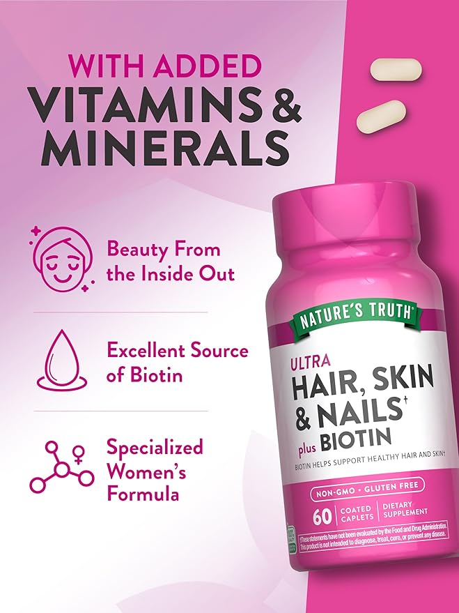 Nature's Truth Hair Skin and Nails | 60 Caplets | Plus 5,000 mcg Biotin | Non-GMO & Gluten Free Supplement