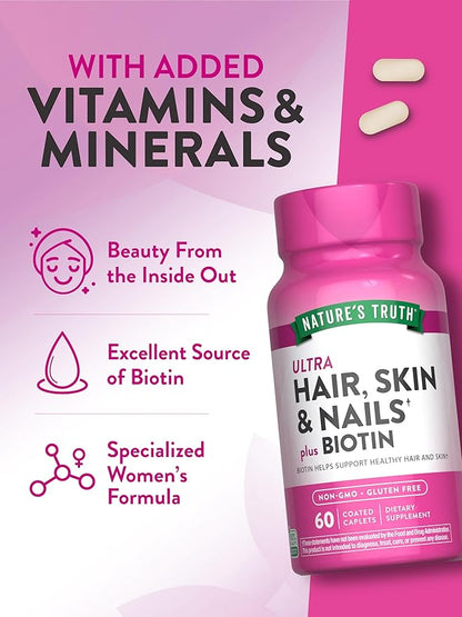 Nature's Truth Hair Skin and Nails | 60 Caplets | Plus 5,000 mcg Biotin | Non-GMO & Gluten Free Supplement