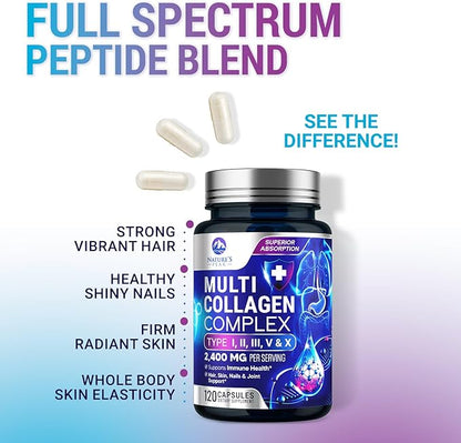 Multi Collagen Peptides Supplement for Hair, Nail, Skin - Type I, II, III, V, X, Collagen Powder Pills - Grass-Fed, Hydrolyzed for Bone and Joint Support for Women & Men, Non-GMO - 120 Capsules