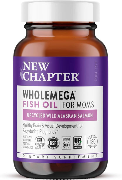 New Chapter Wholemega for Moms Fish Oil Supplement, Tiny Capsules, 2000mg per Serving, Prenatal DHA with Omega-3 + Vitamin D3 for Prenatal & Postnatal Support, 500mg Each - 180 Count