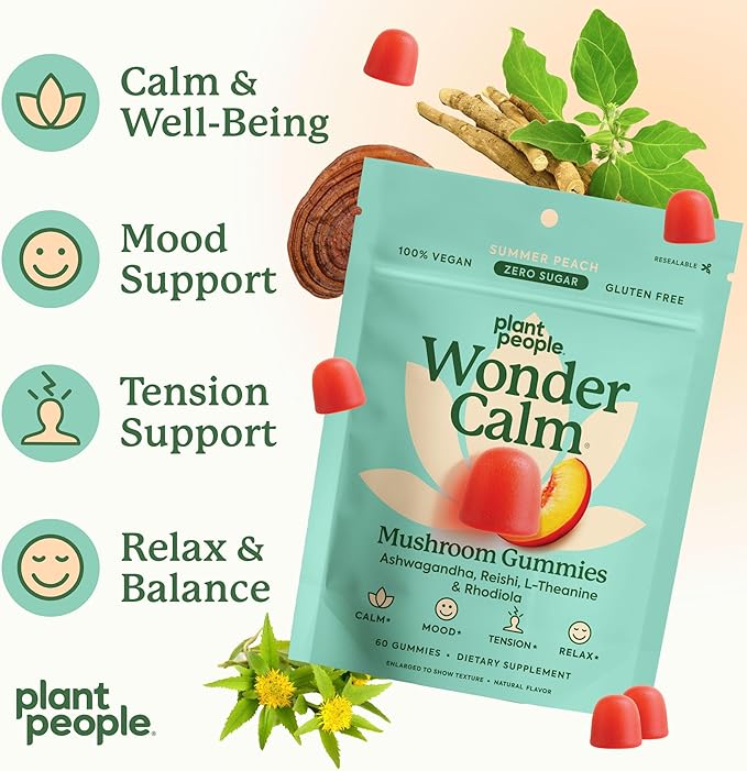 Plant People WonderCalm Mushroom Gummies - Natural Ashwagandha Supplement to Ease Stress & Boost Mood for Adults Without Sugar, Gluten or Artificial Colors, Vegan-Friendly, Peach Flavor, 60 Count