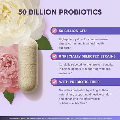 Probiotics for Women 50 Billion CFU - Vaginal Probiotics Clinically Proven for Yeast & pH Balance - Digestion & Bloating Relief - 8 Strains + Prebiotics - Delay Release - Made in USA, 60 Capsules