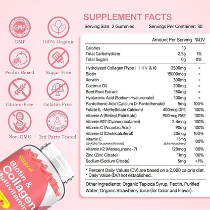 Collagen Peptides Gummies Sugar Free for Women & Men, 2500mg Multi Collagen Type I,II,III,V,X with 15000mcg Biotin & Vitamin C D K2 B12 A E, Hydrolyzed Protein for Hair Skin Nails, Bone, 60Cts