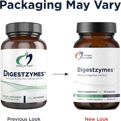 Designs for Health Digestzymes - Digestive Enzymes + Betaine Hydrochloride for Gas & Bloating Relief - Pepsin, Ox Bile, Lactase Enzyme & Lipase Enzymes for Digestion (60 Capsules)