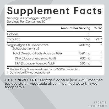 Sports Research Vegan Omega-3 Fish Oil Alternative from Algae Oil - Highest Levels of Vegan DHA & EPA Fatty Acids | Non-GMO Tested & Vegan Certified - 60 Veggie Softgels (Carrageenan Free)