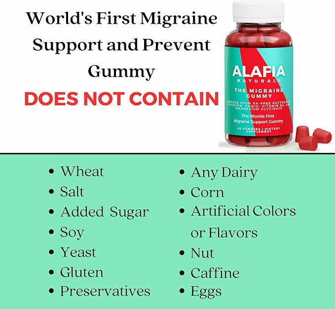 Alafia Naturals The Migraine Gummy - World's First Comfort and Support Gummy - Magnesium Glycinate, Butterbur, Feverfew, CoQ10, Vitamin B2 400mg Riboflavin 400mg 60ct