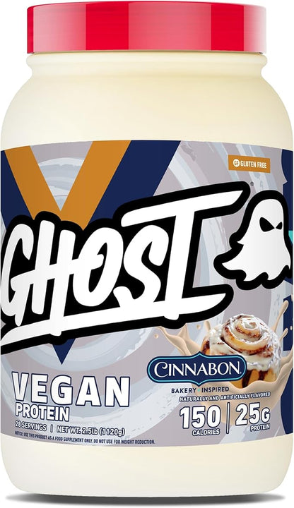 GHOST Vegan V2 Protein Powder, Cinnabon – 2.5LB Tub, 25G of Protein - Plant-Based Pea & Organic Pumpkin Blend Protein with Fiber & Iron ­- Flavored Post Workout Shakes - Soy & Gluten Free