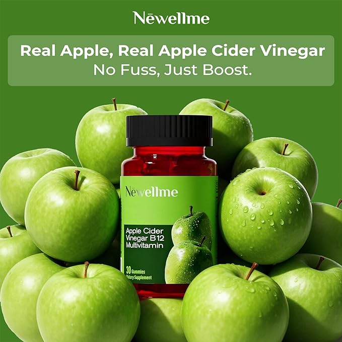 NEWELLME Sugar-Free Apple Cider Vinegar Gummies for Metabolism - 1000mg ACV with The Mother & Vitamin B12 for Energy Support - Vegan, Gluten-Free, 30 Counts