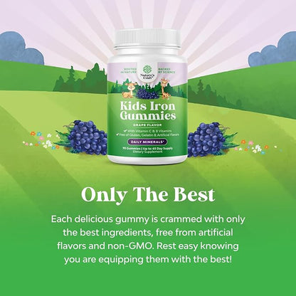 Kids Iron Gummies - Blood Builder Iron Supplements for Kids with Gentle for Stronger Immunity & Energy - Vitamin B12, Folate & Vitamin C Gummies - Vegan GMO & Gluten Free for Toddlers - 90 Count