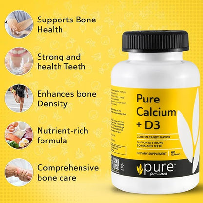 Vegan Calcium with Vitamin D3 Strong Bone & Teeth Support Calcium with 1000 IU D3 Gummies for Adults & Kids, Kosher, Gluten-Free, Dairy-Free, 60 Gummies