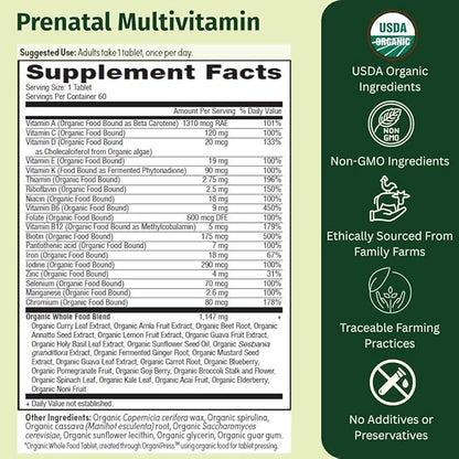 Prenatal Once Daily Multivitamin for Women for Conception, Pregnancy, Postpartum & Breastfeeding, Folate, Iron & Organic Whole Food Blend, Vegan, 60 Count