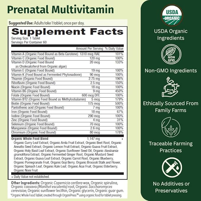 Prenatal Once Daily Multivitamin for Women for Conception, Pregnancy, Postpartum & Breastfeeding, Folate, Iron & Organic Whole Food Blend, Vegan, 30 Count
