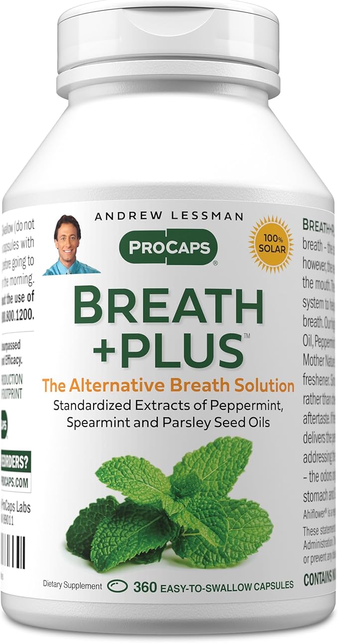 ANDREW LESSMAN Breath Plus 360 Softgels - Natural Breath Freshener, Helps Eliminate Odors from Food, Smoking, Morning Breath from The Inside Out. Peppermint, Spearmint. Easy to Swallow Softgels