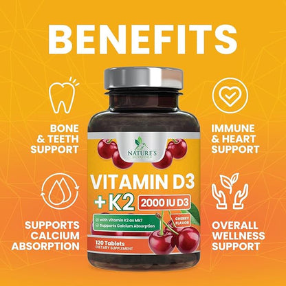 Vitamin D 2000 IU 50mcg Per Tablet - Vitamins D3 & K2 (MK7) Complex Supplement for Bone, Teeth, Muscle, Calcium Absorption, Supports Immune & Heart Health, Chewable Formula USA Bottled - 120 Tablets