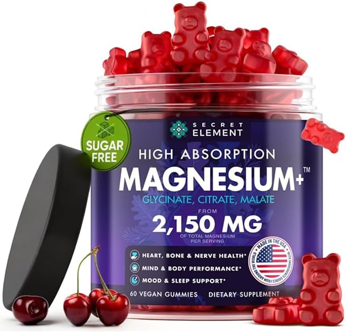 Magnesium Gummies 3in1 - Glycinate, Citrat, Malate 2150 MG High Absorption Supplement, Sugar-Free, Vegan, Chews for Men & Women, Inspired by Wellness Traditions Like Arjuna, 60 Gummies, Cherry Flavor