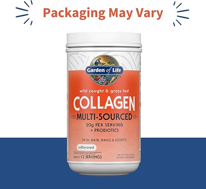 Garden of Life Marine & Grass-Fed Collagen Peptides Powder Supplement (Type I, III) with Probiotics & BCAAs for Mobility, Joint Health, Hair, Skin & Nails - Unflavored, 20g per Serving, 12 Servings