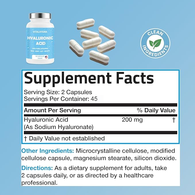 Hyaluronic Acid, Hyaluronic Acid Joint Supplements Capsules, Non-GMO and Gluten Free, 90 Capsules 200mg (2 PCS)