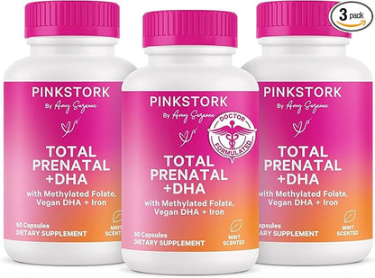 Pink Stork Total Prenatal Vitamins with DHA, Folate, Iron, Choline, and Vitamin B12 - Preconception Nutrition - Prenatals for Women, Pregnancy Must Haves - Mint Essence, 180 Capsules, 3 Month Supply
