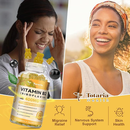 Totaria (2 Packs) Vitamin B2 Gummies, Sugar Free Riboflavin 400mg Supplement for Adults & Kids with Magnesium Glycinate 400mg, COQ10 & Elderberry