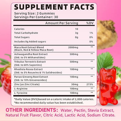 Maca Root Gummies for Women & Men, Organic Maca Root Supplement with Ashwagandha for Energy & Strength Support, Sugar-Free/Vegan/Non-GMO, Strawberry Flavor 120 Count