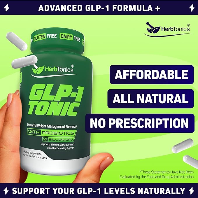 Herbtonics GLP‑1 Tonic – Natural GLP‑1 Support with Apple Cider Vinegar, BHB Salts, Probiotics & Turmeric – Supports Appetite, Weight, Metabolic Balance, Gut Health & Energy – 60 Vegan Capsules